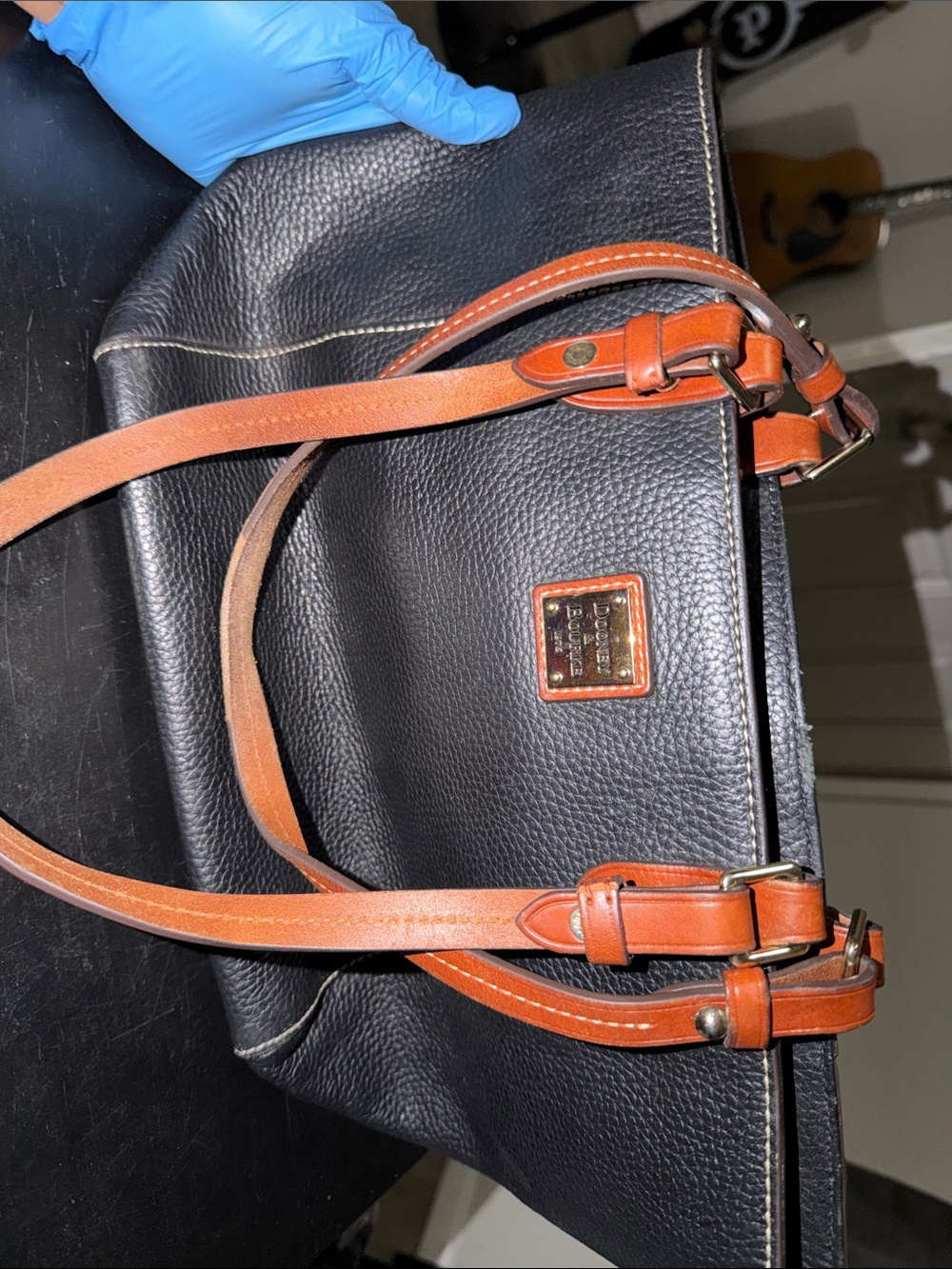Dooney & Bourke Black Pebbled Leather Shoulder Bag with Brown Trim
